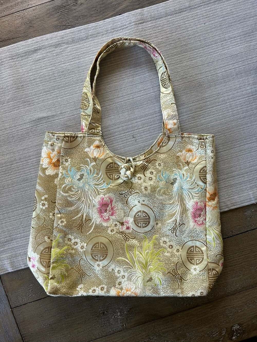 Chinese Brocade Silk Tote Bag Gold Floral Frog Knot